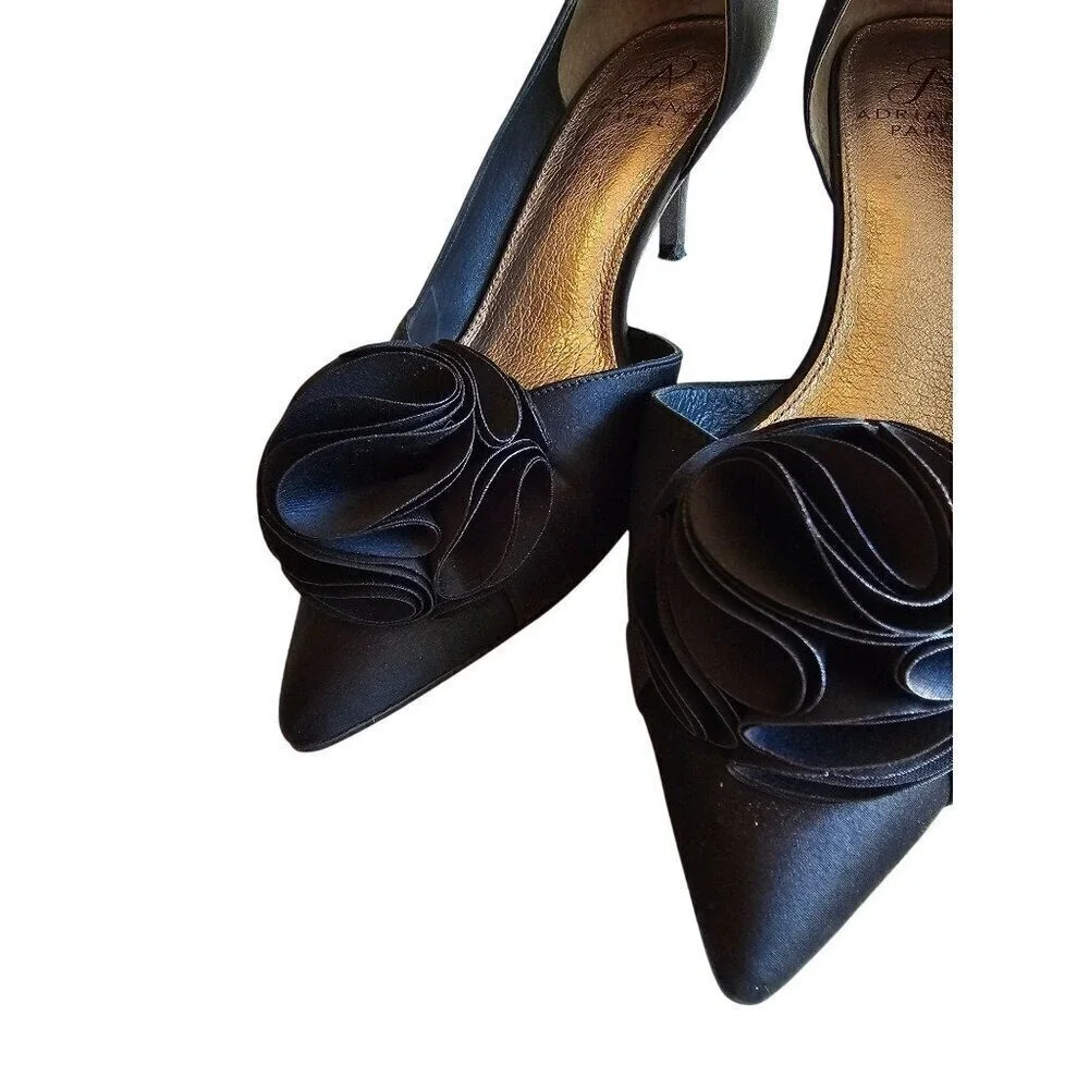Black Satin Peep Toe Heels With Rosette Detail 3.5